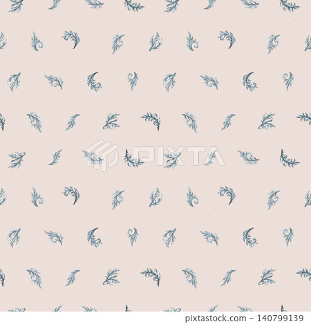 Delicate seamless pattern with small watercolor ornamental leaves arranged in a structured repeat. Elegant companion design for luxury stationery, branding and textiles Delicate seamless pattern with small watercolor ornamental leaves arranged in a structured repeat. Elegant companion design for luxury stationery, branding and textiles 140799139