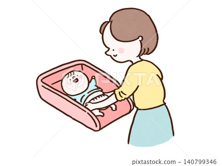 A woman changing a baby's diaper on a changing table (childcare/baby care) 140799346