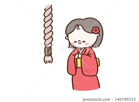 一位身穿和服的年輕女子在神社進行新年第一次參拜(元旦,日本文化)。 一位身穿和服的年輕女子在神社進行新年第一次參拜(元旦,日本文化)。 140799353