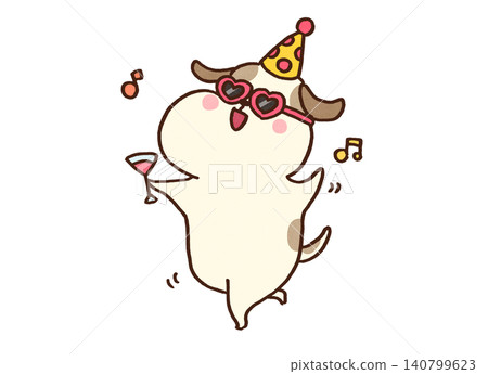 A dog (party animal) dancing cheerfully with a cocktail in hand and sunglasses on. A dog (party animal) dancing cheerfully with a cocktail in hand and sunglasses on. 140799623