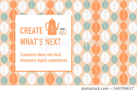 A Scandinavian-style leaf pattern message background featuring a coffee pot and cup. 140799637