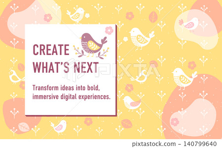 A Scandinavian-style message background in spring pastel colors featuring birds and flowers. 140799640