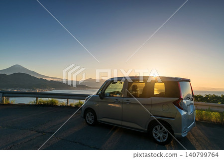 Minivan at Satta Toge pass aerial viewpoint with mt. Fuji at sunrise, Shimizu Minivan at Satta Toge pass aerial viewpoint with mt. Fuji at sunrise, Shimizu 140799764