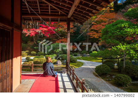 woman sit on patio of Manshuin temple view fall rock garden, Kyoto woman sit on patio of Manshuin temple view fall rock garden, Kyoto 140799802