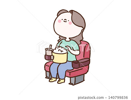 A woman watching a movie with a popcorn bucket in her hand (movie viewing, holiday) A woman watching a movie with a popcorn bucket in her hand (movie viewing, holiday) 140799836