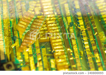 Gold plating lifts off (gold is recovered from discarded circuit boards using chemicals). Gold plating lifts off (gold is recovered from discarded circuit boards using chemicals). 140800093