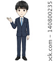 A full-body illustration of a male office worker in a suit giving directions. 140800235