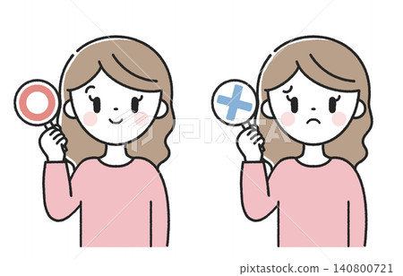 A woman holding a circle and an X mark. A woman holding a circle and an X mark. 140800721