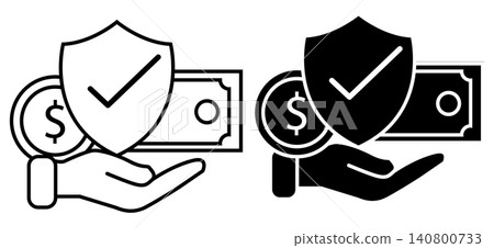 Money protect icon. Financial protection with shield and hand sign. Protection shield icon with coins and money bag symbol. Money security and money saving concept. flat style. Money protect icon. Financial protection with shield and hand sign. Protection shield icon with coins and money bag symbol. Money security and money saving concept. flat style. 140800733