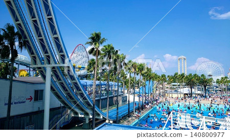 A summer pool scene lined with palm trees. A summer pool scene lined with palm trees. 140800977