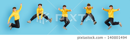 Collage of cheerful young man jumping with different gestures on blue background Collage of cheerful young man jumping with different gestures on blue background 140801494
