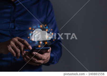Young man with smartphone mobile hand touching to cloud computing diagram Young man with smartphone mobile hand touching to cloud computing diagram 140801556