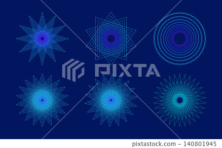Set of 6 blue neon star and circular geometric line patterns 140801945