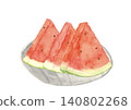 Watercolor illustration of sliced watermelon served on a glass plate [Hand-drawn] White background, transparent background, copy space 140802268