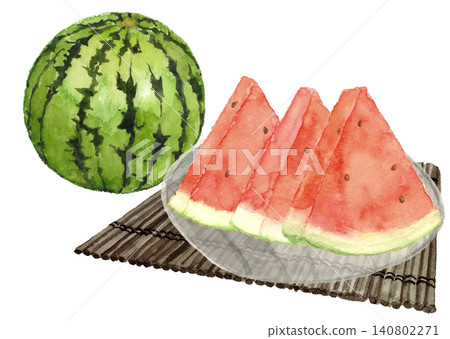 Watercolor illustration of a whole watermelon and a sliced watermelon [Hand-drawn] White background, transparent background, copy space 140802271