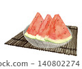 Watercolor illustration of sliced watermelon served on a glass plate [Hand-drawn] White background, transparent background, copy space 140802274