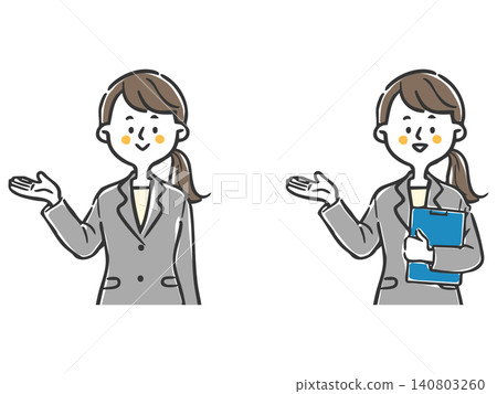 兩名身穿西裝的女員工正在指路的插圖（上半身，向量圖）。 140803260