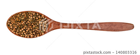 Top view of coriander seeds and mixed spices in a wooden spoon isolated on white background Top view of coriander seeds and mixed spices in a wooden spoon isolated on white background 140803316