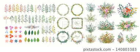 Collection of flowers, twigs, leaves, wreaths, flower bouquets, and compositions on a light beige background. Collection of flowers, twigs, leaves, wreaths, flower bouquets, and compositions on a light beige background. 140803383