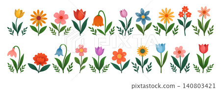 Set of field and garden flowers with twigs on a beige background. Set of field and garden flowers with twigs on a beige background. 140803421