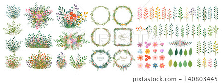 Collection of flowers, twigs, leaves, wreaths, flower bouquets, and compositions on a white background. Collection of flowers, twigs, leaves, wreaths, flower bouquets, and compositions on a white background. 140803445