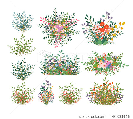 Set of bouquets, bushes and flower arrangements on a white background. Collection of spring and summer plants for design, illustration of books, magazines. Vector EPS 10. Set of bouquets, bushes and flower arrangements on a white background. Collection of spring and summer plants for design, illustration of books, magazines. Vector EPS 10. 140803446