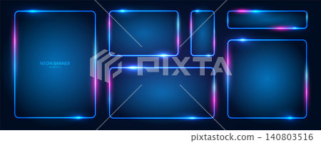 Set of rectangular neon banners of different sizes with glowing effects and illumination on a dark background. Set of rectangular neon banners of different sizes with glowing effects and illumination on a dark background. 140803516