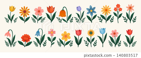 A set of field and garden flowers with twigs on a beige background. A set of field and garden flowers with twigs on a beige background. 140803517