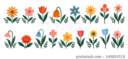 Set of field and garden flowers with twigs on a white background. Set of icons with abstract, summer-spring flowers. Set of field and garden flowers with twigs on a white background. Set of icons with abstract, summer-spring flowers. 140803518
