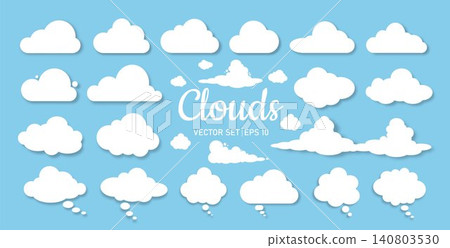 A set of white clouds of different shapes and sizes on a blue background. A set of flat clouds with a shadow in cartoon style. 140803530