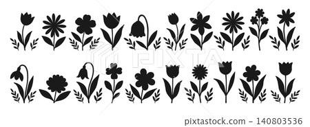 Set of silhouettes of field and garden flowers with twigs on a white background. Set of silhouettes of field and garden flowers with twigs on a white background. 140803536