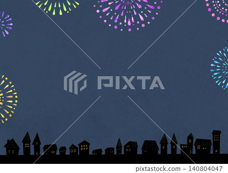背景畫面為夜空中綻放的煙火和帶有房屋的城市景觀。 背景畫面為夜空中綻放的煙火和帶有房屋的城市景觀。 140804047