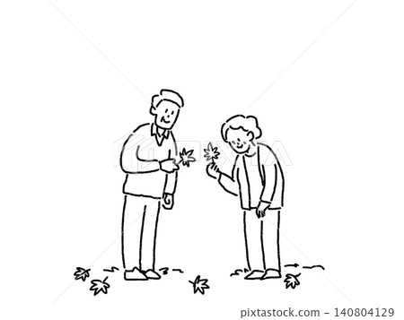 An elderly couple smiling as they gaze at autumn leaves and fallen leaves (line drawing) An elderly couple smiling as they gaze at autumn leaves and fallen leaves (line drawing) 140804129