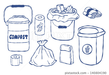 Household Waste Management and Composting. Garbage Bin, Compost Bucket, Trash Bag Roll and Eco-Friendly Packaging Collection. Zero Waste and Sanitation Illustration. Isolated Blue Hand Drawn. Household Waste Management and Composting. Garbage Bin, Compost Bucket, Trash Bag Roll and Eco-Friendly Packaging Collection. Zero Waste and Sanitation Illustration. Isolated Blue Hand Drawn. 140804190