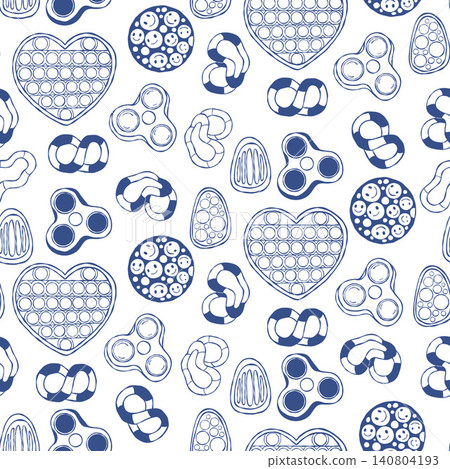 Sensory Fidget Toy Seamless Pattern Hand Drawn. Stress Relief Bubble Heart, Spiky Ball and Spinner on White Background. Blue Line Art. Vector illustration. Calming Tool Ornament for Kids Attention. Sensory Fidget Toy Seamless Pattern Hand Drawn. Stress Relief Bubble Heart, Spiky Ball and Spinner on White Background. Blue Line Art. Vector illustration. Calming Tool Ornament for Kids Attention. 140804193