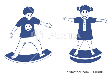 Kids on Wobble Balance Board Set. Boy and Girl Balancing on Wooden Roller Trainer. Vector Illustration. Isolated Blue Hand Drawn Doodle. ADHD Cerebellar Stimulation Therapy Tool for Kids Coordination. 140804195