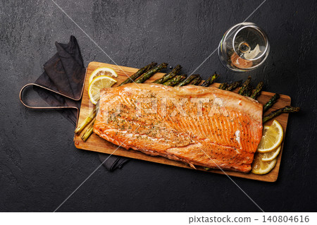 Grilled salmon fillets and asparagus Grilled salmon fillets and asparagus 140804616
