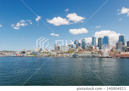 Bright and sunny panoramic view of Seattle skyline from the water Bright and sunny panoramic view of Seattle skyline from the water 140804811