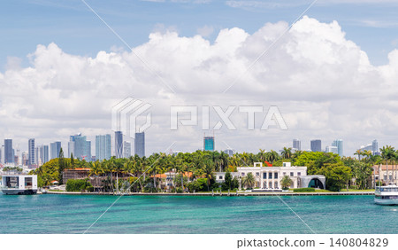 Modern skyline of Miami with towering skyscrapers, tropical vibe, and waterfront views 140804829