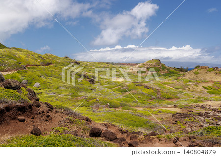 Lush Hawaiian landscape with hills and sky Lush Hawaiian landscape with hills and sky 140804879