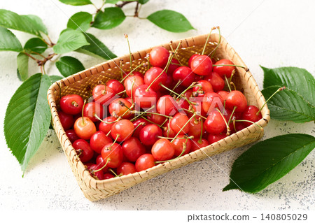 Cherries piled in a basket; Sato Nishiki variety from Yamagata Prefecture. Cherries piled in a basket; Sato Nishiki variety from Yamagata Prefecture. 140805029