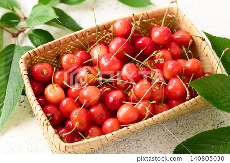 Cherries piled in a basket; Sato Nishiki variety from Yamagata Prefecture. Cherries piled in a basket; Sato Nishiki variety from Yamagata Prefecture. 140805030