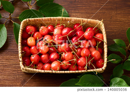 Cherries piled in a basket; Sato Nishiki variety from Yamagata Prefecture. Cherries piled in a basket; Sato Nishiki variety from Yamagata Prefecture. 140805036
