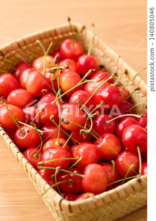 Cherries piled in a basket; Sato Nishiki variety from Yamagata Prefecture. Cherries piled in a basket; Sato Nishiki variety from Yamagata Prefecture. 140805046