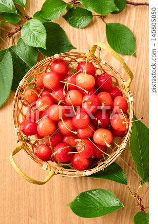 Cherries piled in a basket; Sato Nishiki variety from Yamagata Prefecture. Cherries piled in a basket; Sato Nishiki variety from Yamagata Prefecture. 140805050