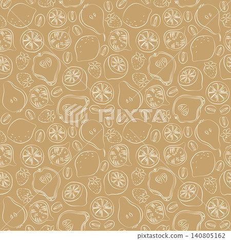 Hand-drawn seamless pattern on beige with summer fruits, pear, lemon, fig for grocery, farmers market, summer food packaging, menu Hand-drawn seamless pattern on beige with summer fruits, pear, lemon, fig for grocery, farmers market, summer food packaging, menu 140805162