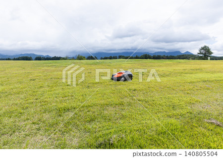 Robot lawnmower for mowing the grass in the square Robot lawnmower for mowing the grass in the square 140805504