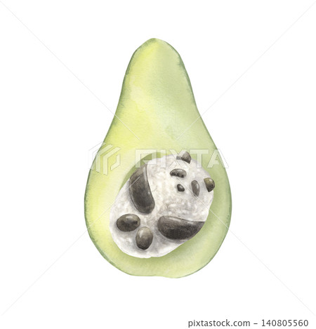 Avocado half filled with cute rice, nori panda. Hand-painted watercolor illustration isolated on white for children food branding, healthy menu design, logo, posters, cookbooks, cafe advertising Avocado half filled with cute rice, nori panda. Hand-painted watercolor illustration isolated on white for children food branding, healthy menu design, logo, posters, cookbooks, cafe advertising 140805560