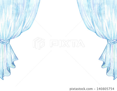 A frame of a blue curtain/screen painted in watercolor. A frame of a blue curtain/screen painted in watercolor. 140805754