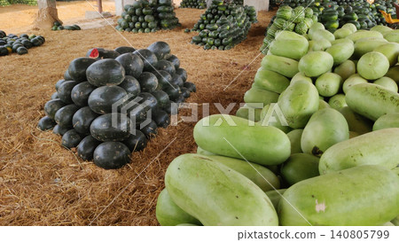 Fresh watermelon piles beside a grassy market path Fresh watermelon piles beside a grassy market path 140805799